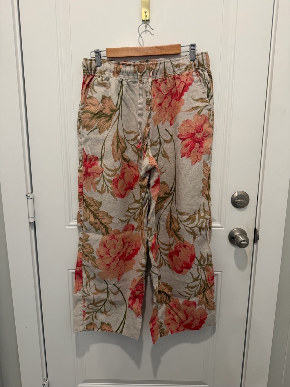 Floral Beige Wide-Leg Pants